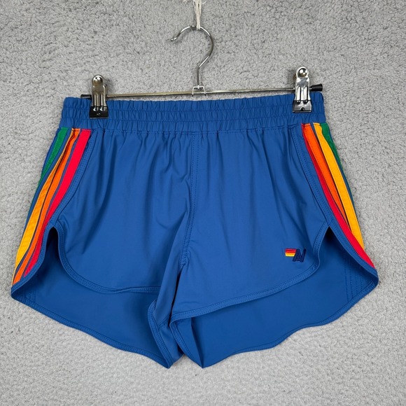 Aviator Nation Shorts Womens XS Blue Retro 70s Rainbow Stripe Athletic Lounge - Picture 1 of 11